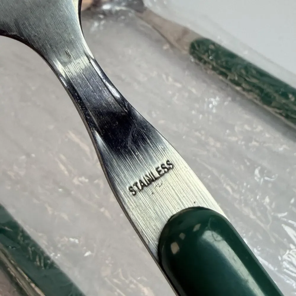 Set 4 Vtg Oneida Table Soup Spoon Christmas Green Garland Stainless Flatware